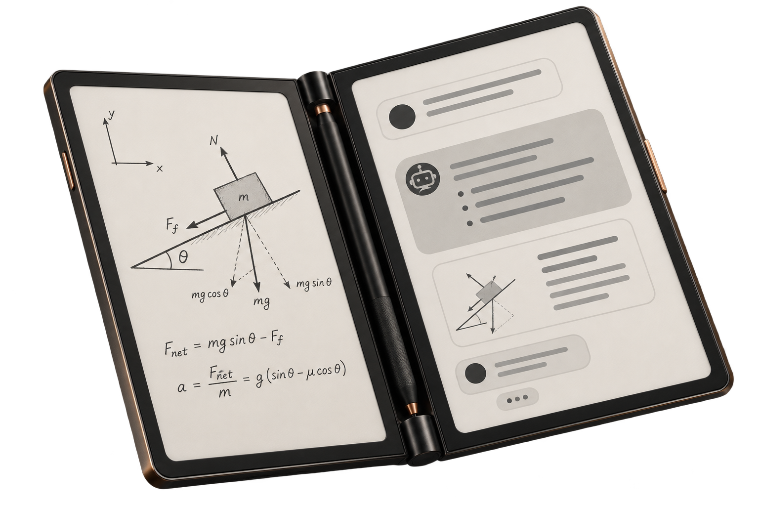 KiTab, a dual e-paper learning computer, open on a physics lesson.